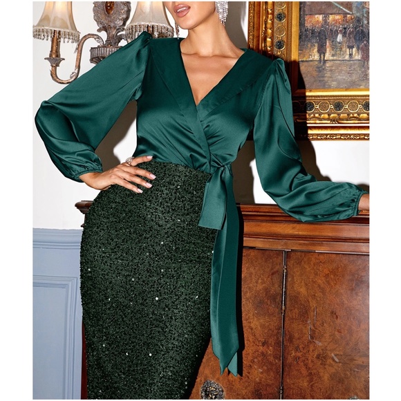 Luxe Satin Sequin Holiday Party Evening Formal Dress - Picture 6 of 9